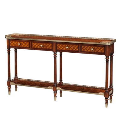 Burl Lattice Parquetry, Brass Mounted Console Table
